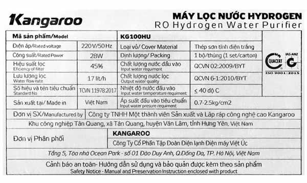 Đánh giá máy lọc nước R.O Hydrogen Kangaroo KG100HU